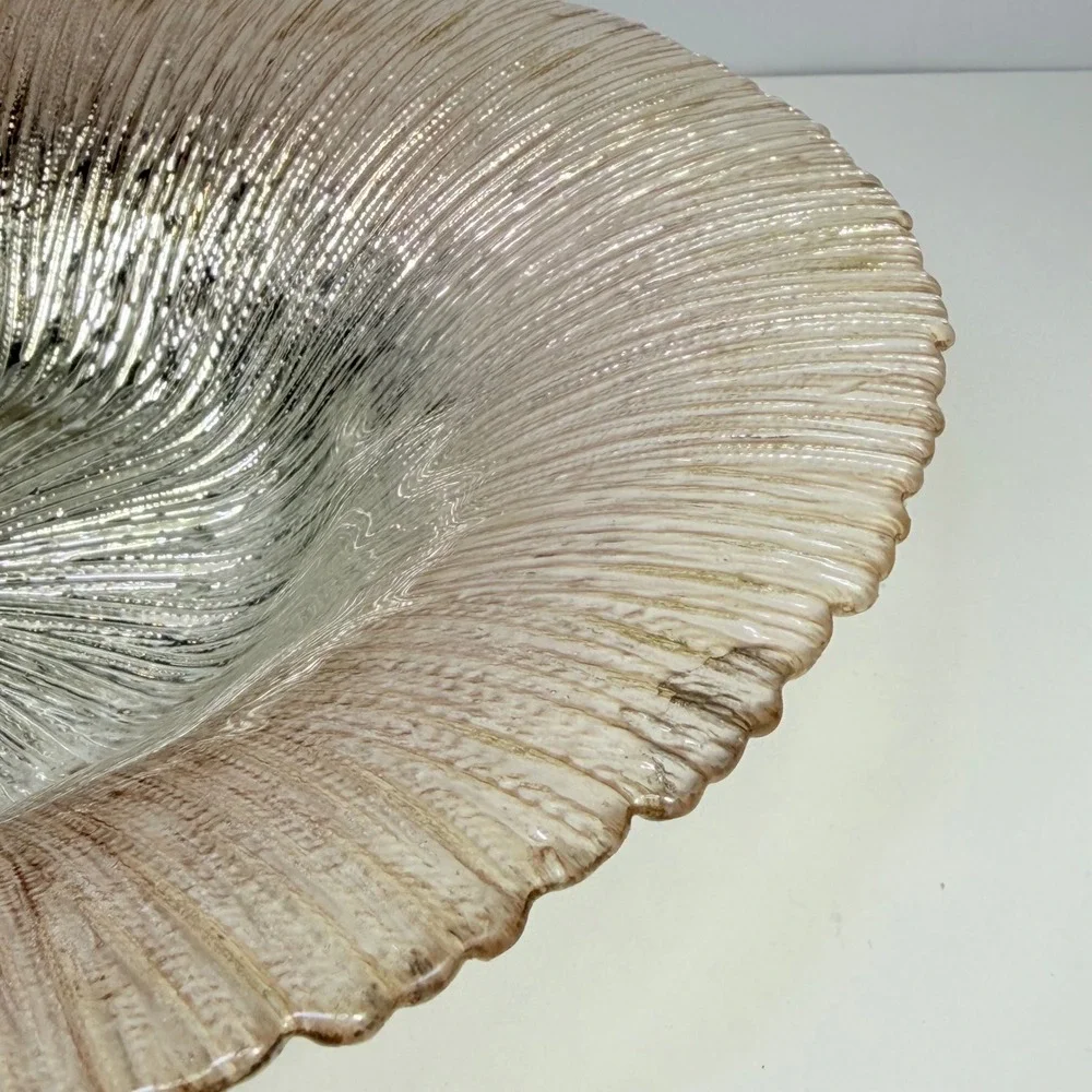 Champagne Pink Foil Art Textured Glass Centerpiece Bowl Ribbed 12 Inch Round